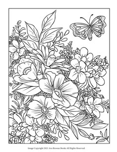 a coloring page with flowers and butterflies