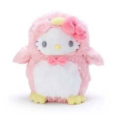 a hello kitty stuffed animal with a bow on its head and pink fur around it's neck