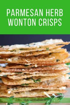 parmesan herb wonton crispes stacked on top of each other with text overlay