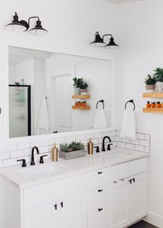 a white bathroom with two sinks, mirrors and plants on the shelf above them in pots