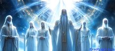 an image of some people in white robes with lights coming from their heads and hands