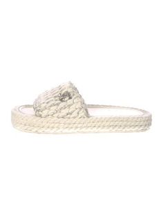 Chanel EspadrillesFrom the 2022 Collection by Virginie ViardMetallic & WhiteInterlocking CC LogoBraided AccentsPlatformDesigner Fit: This style typically runs narrow and a half size to a full size small. Cc Logo, Women's Shoes Sandals, Shoes Sandals, Espadrilles, Chanel, Women Shoes, Sandals, Quick Saves