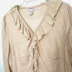 Linen Shirt 100% linen blouse  size XL v neck with ruffles Beautiful coastal cowboy peasant top blouse Perfect old money addition to capsule wardrobe  The Pictures do not show the stunning details of this shirt.  I have a lot of linen and wool Clothes from an estate, these clothes are all nice quality and many are new with tags., I am trying to get them listed at least a few per week.  There are shirts, sweaters, pants, dresses, jackets as well as linen fabric, vintage linens, table clothes, etc. Luxury Capsule Wardrobe, Coastal Cowboy, Wool Clothes, Boho Quotes, Table Clothes, Wool Clothing, Ruffled Top, Coastal Cowgirl, Linen Blouse