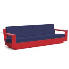 a red and blue couch sitting on top of a white floor