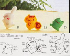 the instructions for how to make small stuffed animals in different colors and sizes are shown