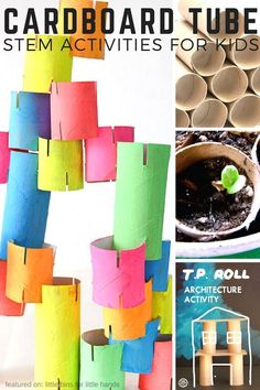 Cardboard tube STEM activities for kids to try using cardboard rolls or tubes or even toilet paper rolls. Recycled STEM projects for Earth Day activities too! Cardboard STEM is cheap and easy to set up for home STEM activities or even classroom STEM activities. Things To Do With Cardboard, Classroom Stem Activities, Makers Space, Stem Bins, Stem Boxes, Kids Stem Activities, 4h Projects, Stem Activities For Kids, Steam Ideas