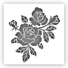 a black and white rose with leaves on it