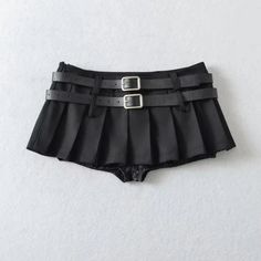 Double Belt Low Waist Mini Short Skirt Edgy Pleated Bottoms For Night Out, Edgy High-waisted Pleated Bottoms, Black Punk Skort For Summer, Black Punk Style Skort For Summer, Edgy Short Pleated Skirt, Punk Style Stretch Mini Bottoms, Stretch Punk Mini-length Bottoms, Punk Style Black Mini Skirt, Black Punk Style Mini Skirt