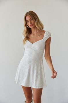 white eyelet puff sleeve fit and flare mini dress | coquette grad mini dress Classy White Dress Short, Simple White Lace Dress Short, Floral Lace Mini Dress, Confirmation Dresses, White Dresses Graduation, Rush Dresses, Flare Mini Dress, Grad Dresses, Senior Pics