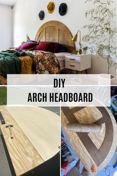 the diy arch headboard is made out of wood and has three different angles