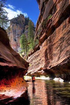 a person standing in the middle of a river next to some rocks and trees on either side