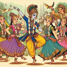 Radha Krishna Dancing, Krishna Dancing, Krishna Image, राधा कृष्ण, Phad Painting, Human Figure Sketches, God Images, Pichwai Paintings