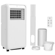 a white air conditioner sitting next to two toilet paper dispensers and a trash can