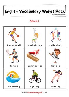 an english word worksheet with pictures of sports and other things to learn in the classroom