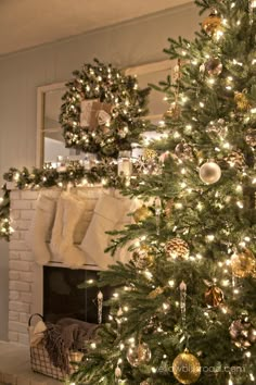 a decorated christmas tree in front of a fireplace