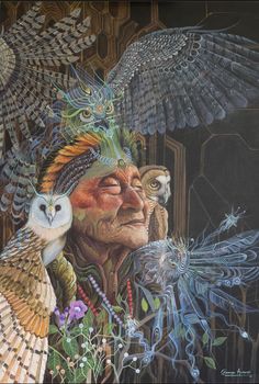 a painting of an old man with two owls on his head and another owl in the background