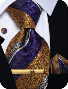 PRICES MAY VARY. 【Tie Set 】 Gold and Purple Necktie+ 1 Pocket Square + 1 Pair of Cufflinks+ 1 Gold Clip + Gift Box 【Classic size】 Tie: 3.4 '' × 59 '' (8.5cm × 150cm); Woven Handkerchief: 12 '' x 12 '' (31cm x 31cm); Ties and pocket squares set come in well packaging and make wonderful gifts for boyfriend, husband, father 【Silk Fabric】 "YourTies" mens tie set crafted using a unique knitting technique. Fashion and practicality, Soft and comfortable texture, Durable and not easily deformed, Perfect Tie Brooch, Packing Gift, Men Tie, Dance Parties, Necktie Set, Ties For Men, Floral Brooch, Box Packing, Gold Clips