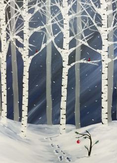 a painting of trees in the snow with red berries