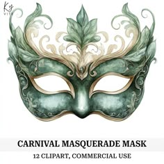 a green mask with leaves on it and the words carnival masquerade mask 12 clipart, commercial use