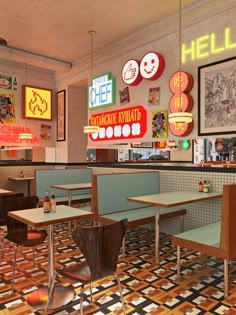 the inside of a restaurant with tables and chairs in front of neon signs on the wall