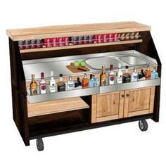 an image of a bar cart with bottles on the top and drinks on the bottom