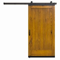 an open wooden door with black metal handle