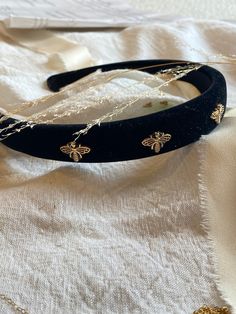 A sweet black velvet headband with lovely bees in gold on them. Bee Headband, Black Velvet Headband, Velvet Headbands, Gold Bee, Velvet Headband, Turbans, Black Bow, Hair Accessories Headbands, Black Velvet