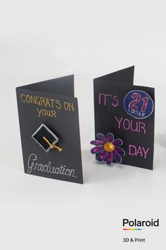 three graduation cards with flowers on them and congratulationss on your day written on them