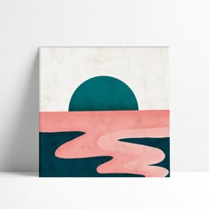 an abstract painting with pink, blue and green colors on a white wall next to a shelf