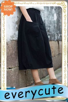 Modern Black Elastic Waist Patchwork Linen A Line Skirt Fall Black Solid Color Knee-length Skirt, Black Long Skirt With Side Pockets, Non-stretch Black Long Skirt, Black Non-stretch Long Skirt, Black Non-stretch Summer Skirt, Non-stretch Black Summer Skirt, Black Casual Skirt For Fall, Casual Black Skirt For Fall, Casual Baggy Black Skirt