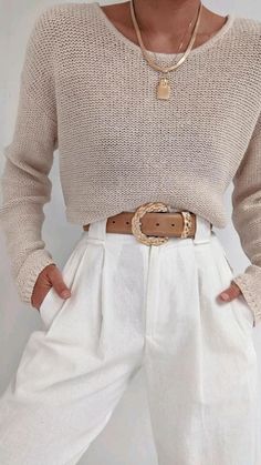 Brown Belt, Looks Style, Mode Inspiration, Work Attire, Outfit Casual, White Pants