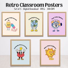 four retro classroom posters with cartoon characters in different colors and sizes, on a white background