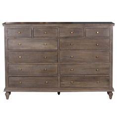 a large wooden dresser with many drawers and knobs on it's sides, against a white background