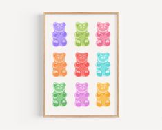 an art print with multicolored teddy bears in different shapes and sizes, on a white background