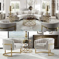 three different views of a living room with white couches and gold accents on the tables