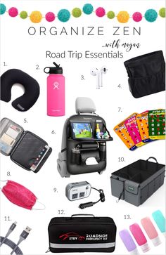 the road trip essentials are organized and ready to be carried on your next trip