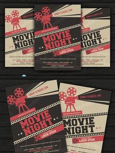 the movie night flyer is shown with red and black filmstrippings on it