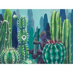 a painting of cactuses in the desert with blue sky behind them and green plants