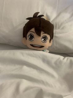 a stuffed doll is peeking out from under the covers on a white sheeted bed