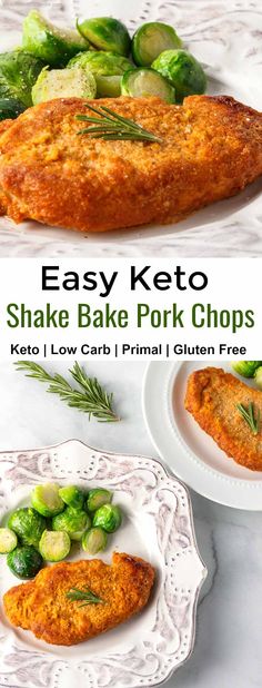 the cover of easy keto shake bake pork chops with brussel sprouts