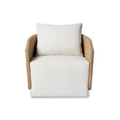 a white and brown chair with a pillow on it's backrest, against a white background