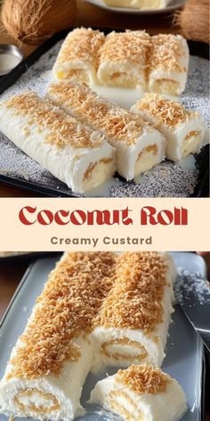 coconut roll creamy custard dessert on a plate with the title above it