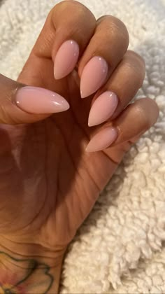 Simple Pointed Nails, Pointy Round Acrylic Nails, Short Stilleto Shape Nails, Short Almond Nails Neutral Color, Pointy Dip Nails, Short Almond Nails Pointy, Almond Nails With A Point, Milky Pink Stiletto Nails, Nude Stiletto Nails Short