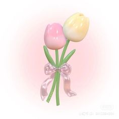 two tulips tied together with a bow on a pink background