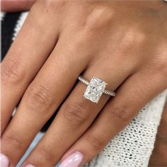 2.57 CT Radiant Moissanite Hidden Halo Engagement Ring With Pave Setting - farrellouise Radiant Moissanite, Hidden Halo Engagement Ring, Wedding Bands For Him, Radiant Cut Engagement Rings, Rose Gold Sparkle, Radiant Engagement Rings, Wedding Bands For Her, Types Of Diamonds, Dream Engagement Rings