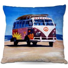 a painting of a vw bus on the beach with peace sign painted on it