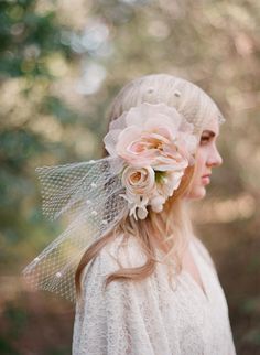 Silk flower bouquet with bandeau birdcage veil #blush Flowers In Her Hair, Silk Flower, Her Hair, Veil, Long Hair, A Woman, Silk, Flowers, Hair