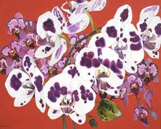 a painting of purple and white flowers on an orange background