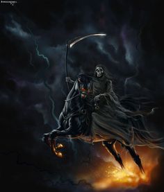 a skeleton riding on the back of a black horse