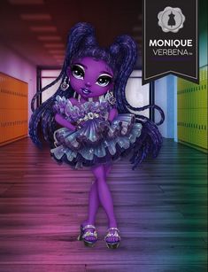 a purple monster girl with long hair and big eyes standing in an empty hallway next to lockers